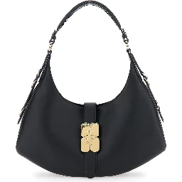 Kat Small Black Shoulder Bag with Adjustable Handle and Logo Plaque on the Front in Leather Woman