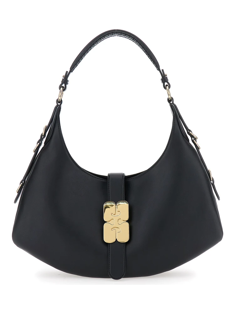 Kat Small Black Shoulder Bag with Adjustable Handle and Logo Plaque on the Front in Leather Woman
