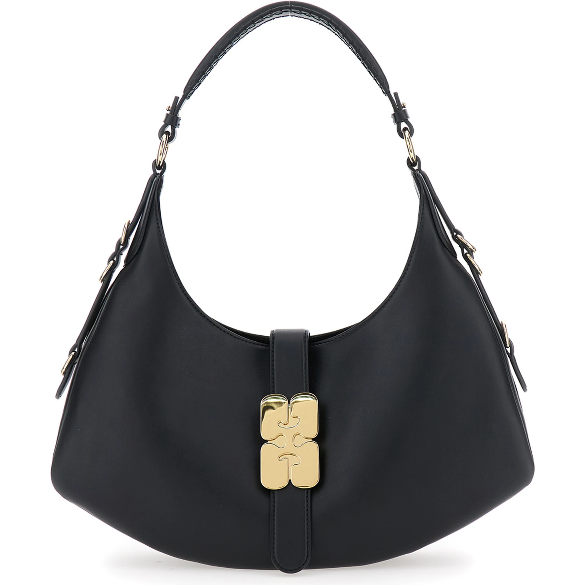 Kat Small Black Shoulder Bag with Adjustable Handle and Logo Plaque on the Front in Leather Woman