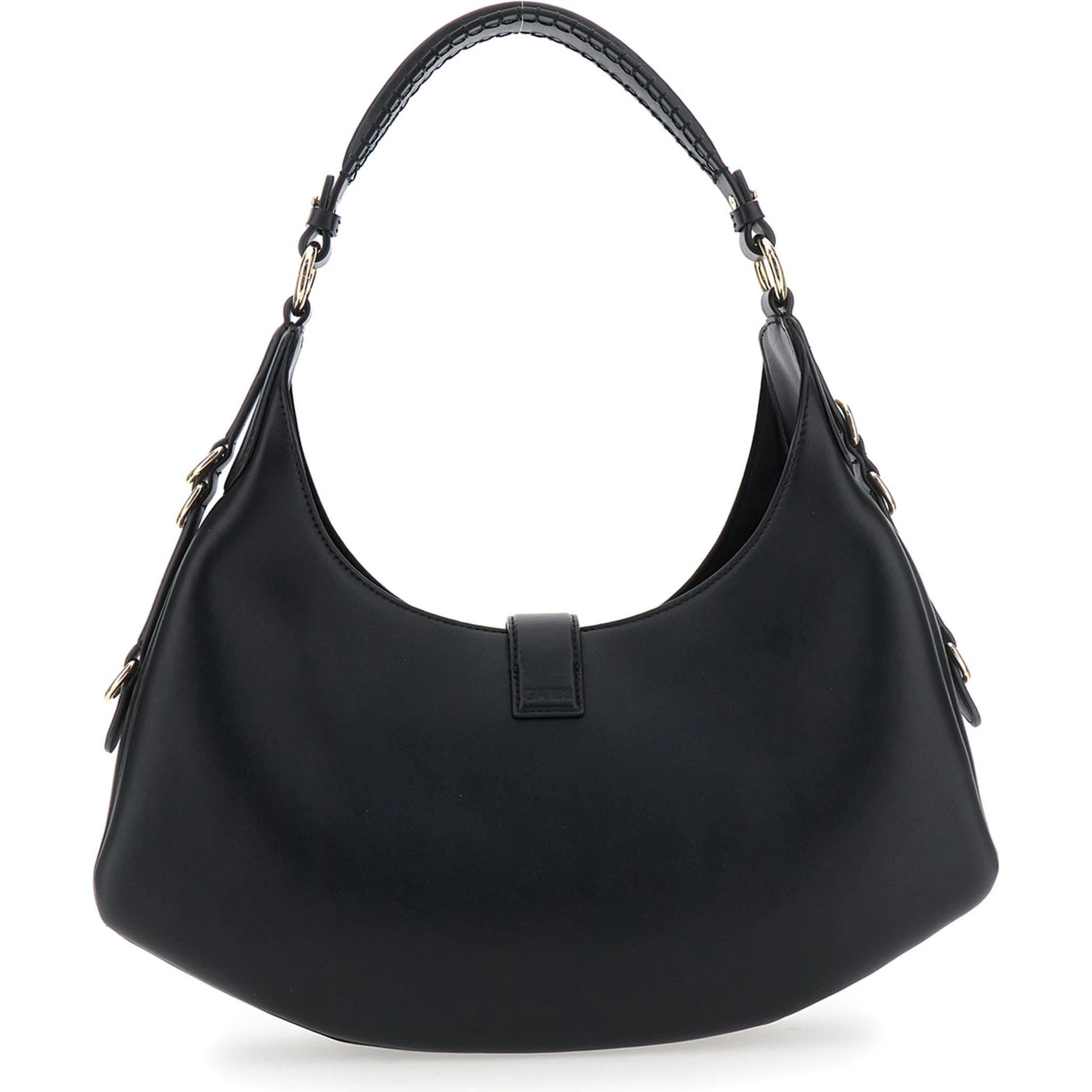 Kat Small Black Shoulder Bag with Adjustable Handle and Logo Plaque on the Front in Leather Woman