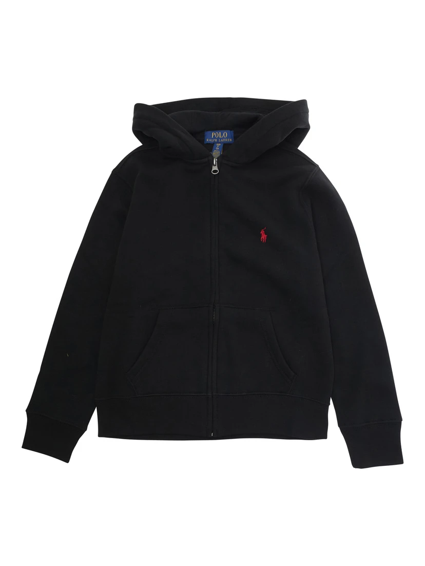 Black Sweatshirt with Hood and Pony Embroidery on the Front in Cotton Blend Boy