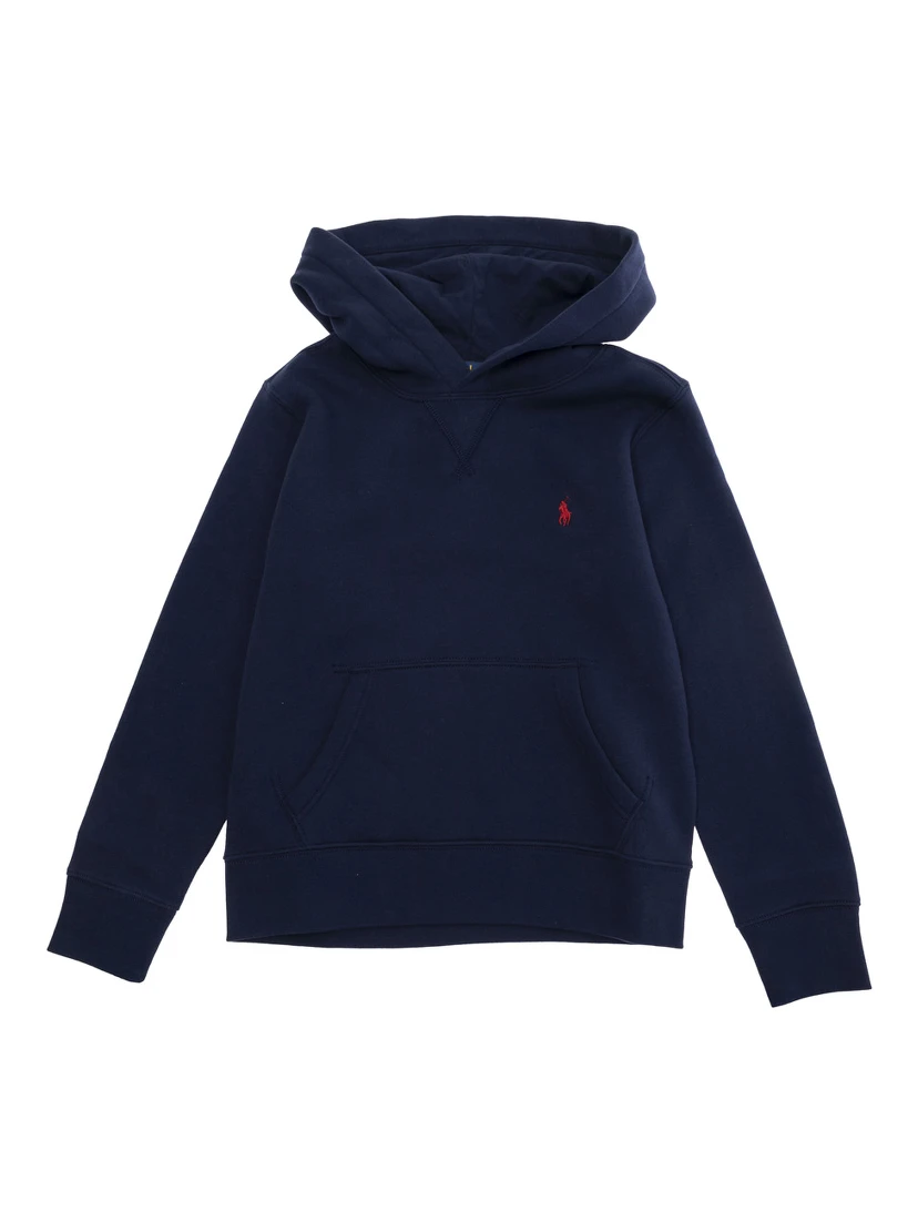 Blue Hoodie with Fixed Hood and Pony Embroidery on the Front in Cotton Blend Boy
