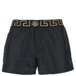 Black Swimsuit Shorts with Greca Detail in Tech Fabric Man