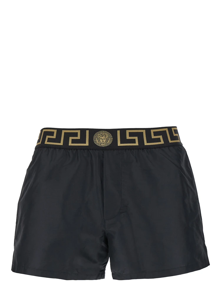 Black Swimsuit Shorts with Greca Detail in Tech Fabric Man
