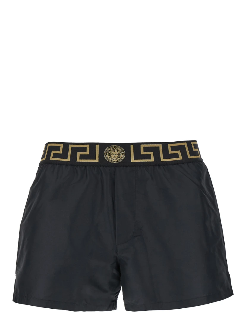 Black Swimsuit Shorts with Greca Detail in Tech Fabric Man