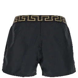 Black Swimsuit Shorts with Greca Detail in Tech Fabric Man