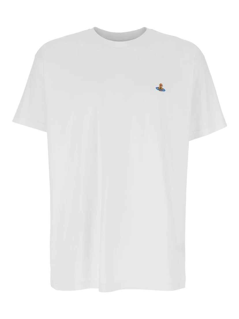 White Crewneck T-Shirt with Orb Logo Detail on the Front in Cotton Woman