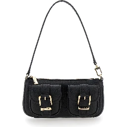 Zoe Black Shoulder Bag with Pockets and Straps on the Front in Hammered Leather Woman