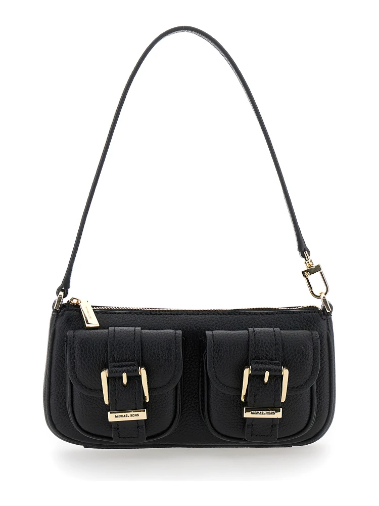 Zoe Black Shoulder Bag with Pockets and Straps on the Front in Hammered Leather Woman