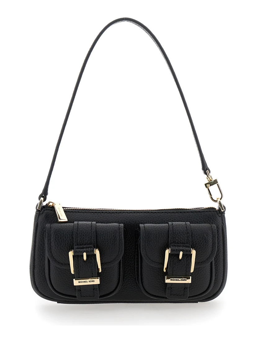 Zoe Black Shoulder Bag with Pockets and Straps on the Front in Hammered Leather Woman