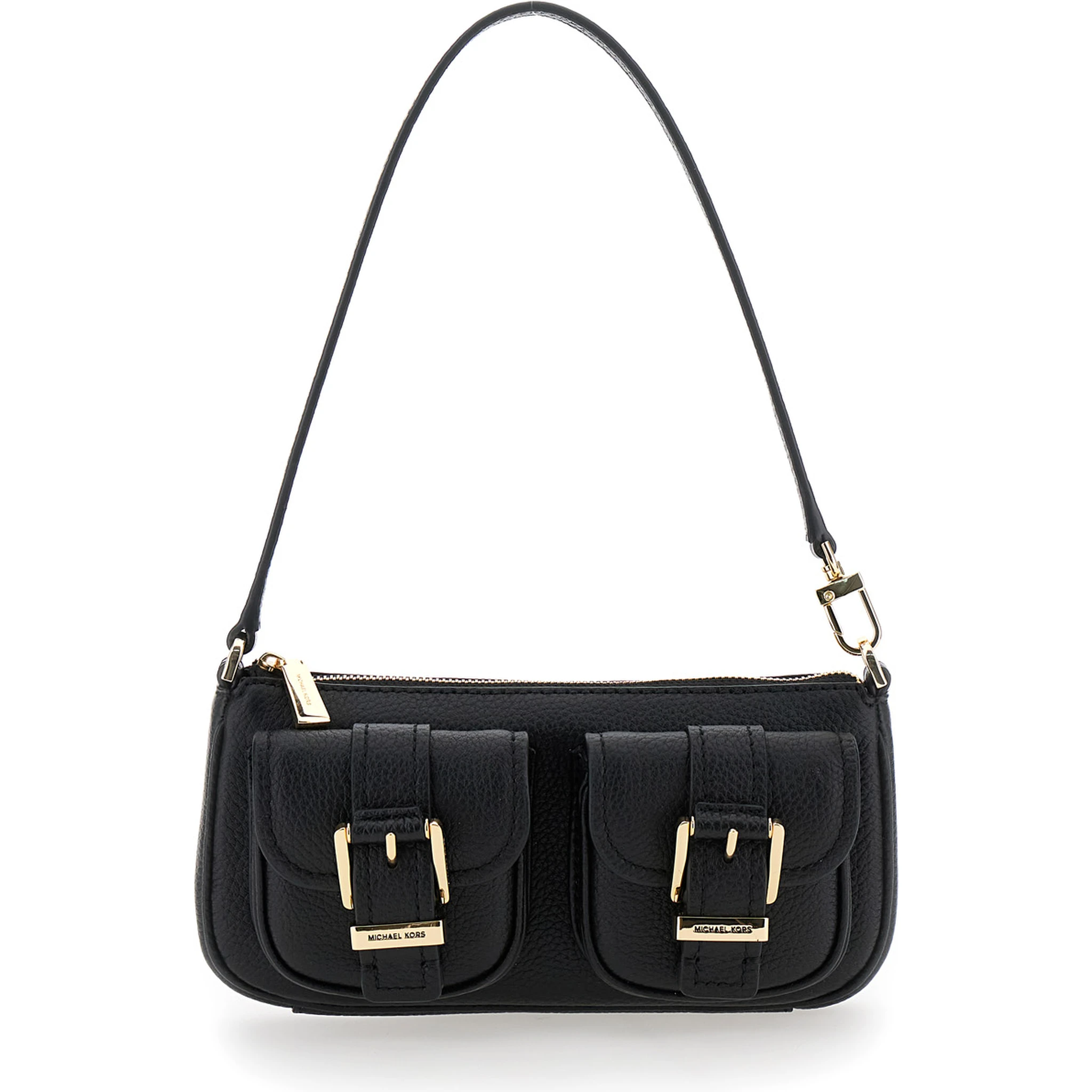 Zoe Black Shoulder Bag with Pockets and Straps on the Front in Hammered Leather Woman