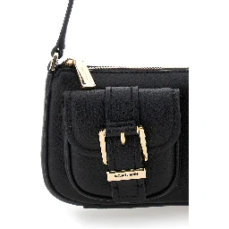 Zoe Black Shoulder Bag with Pockets and Straps on the Front in Hammered Leather Woman