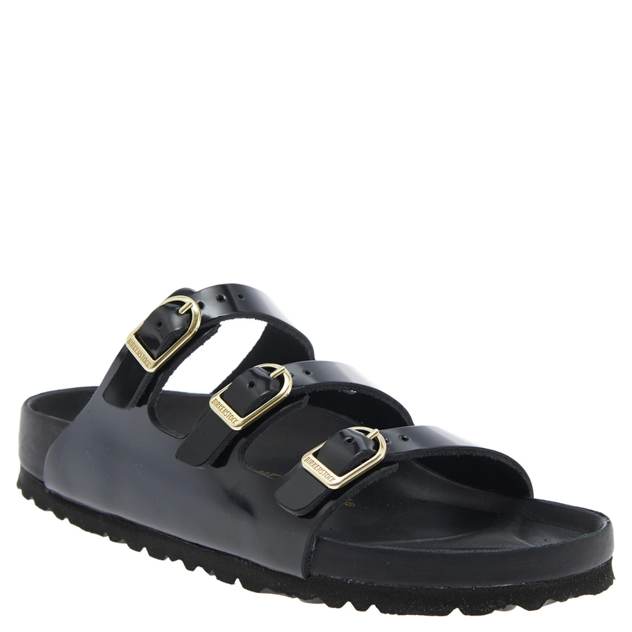 صندل فلوريدا الأسود للنساء، مزود بإبزيم قابل للتعديل وثلاثة أحزمة من الجلد.