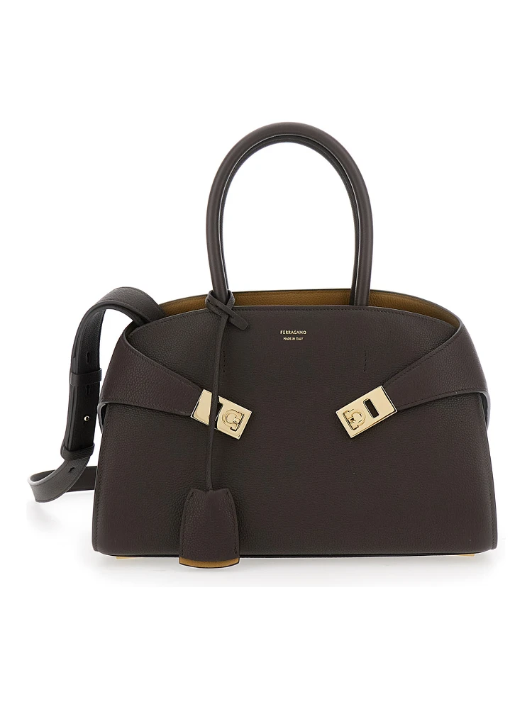 Hug Small Brown Shoulder Bag with Logo and Gancini Buckle in Leather Woman