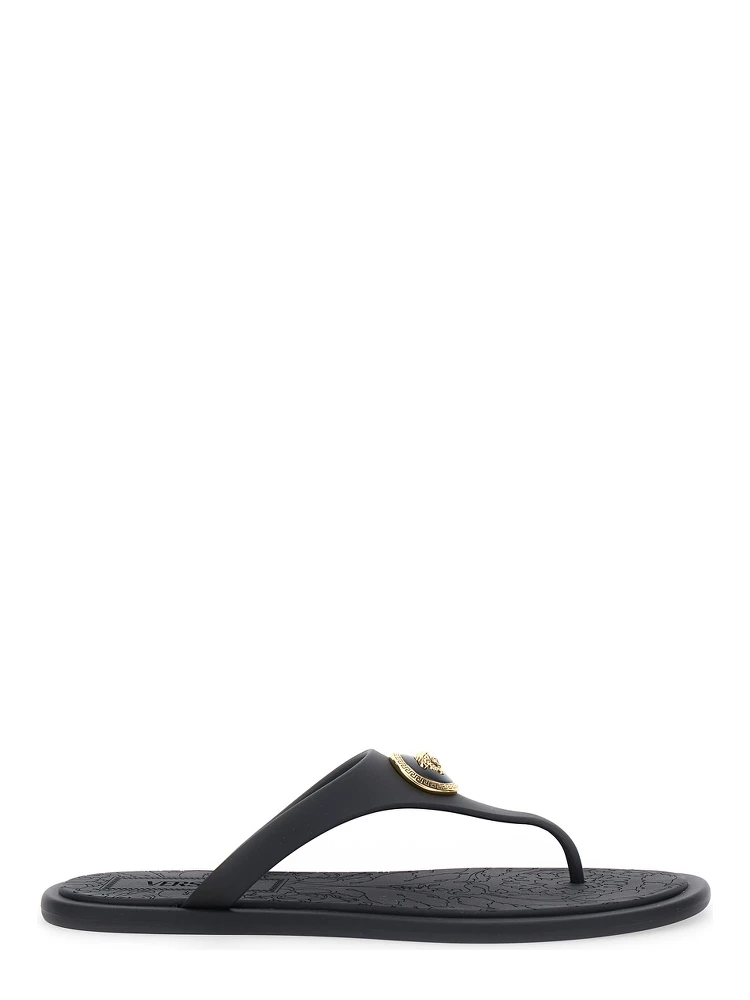 Black Slides with Medusa Detail in Rubber Woman