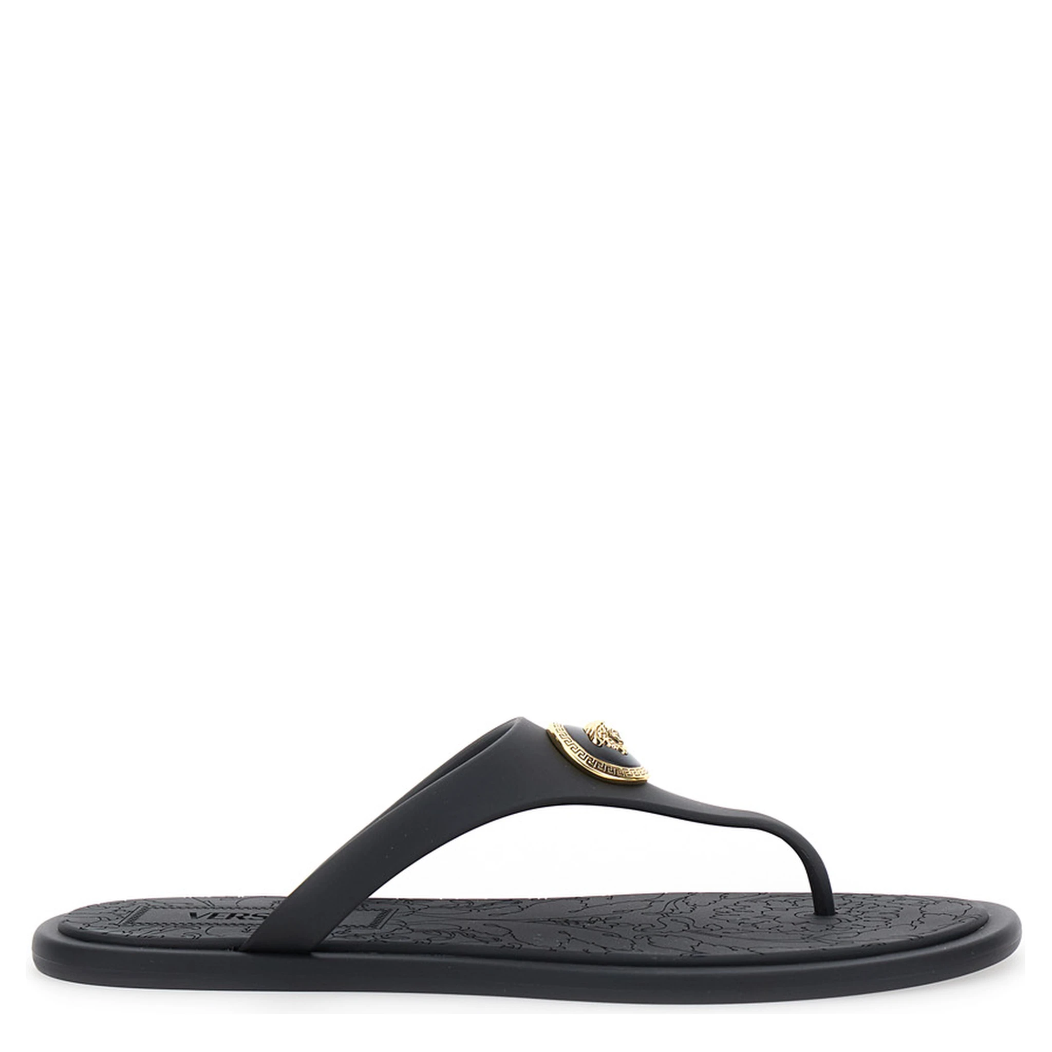 Black Slides with Medusa Detail in Rubber Woman