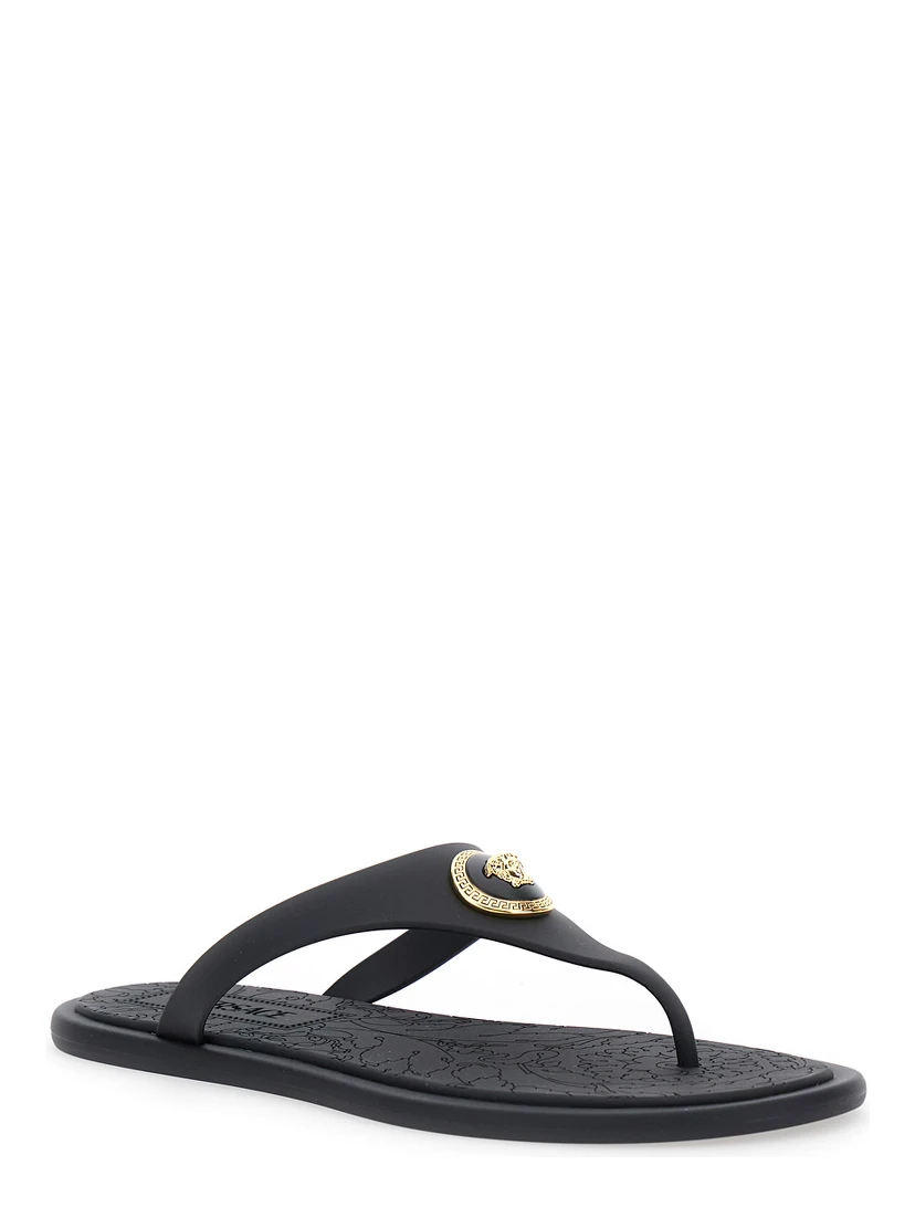 Black Slides with Medusa Detail in Rubber Woman