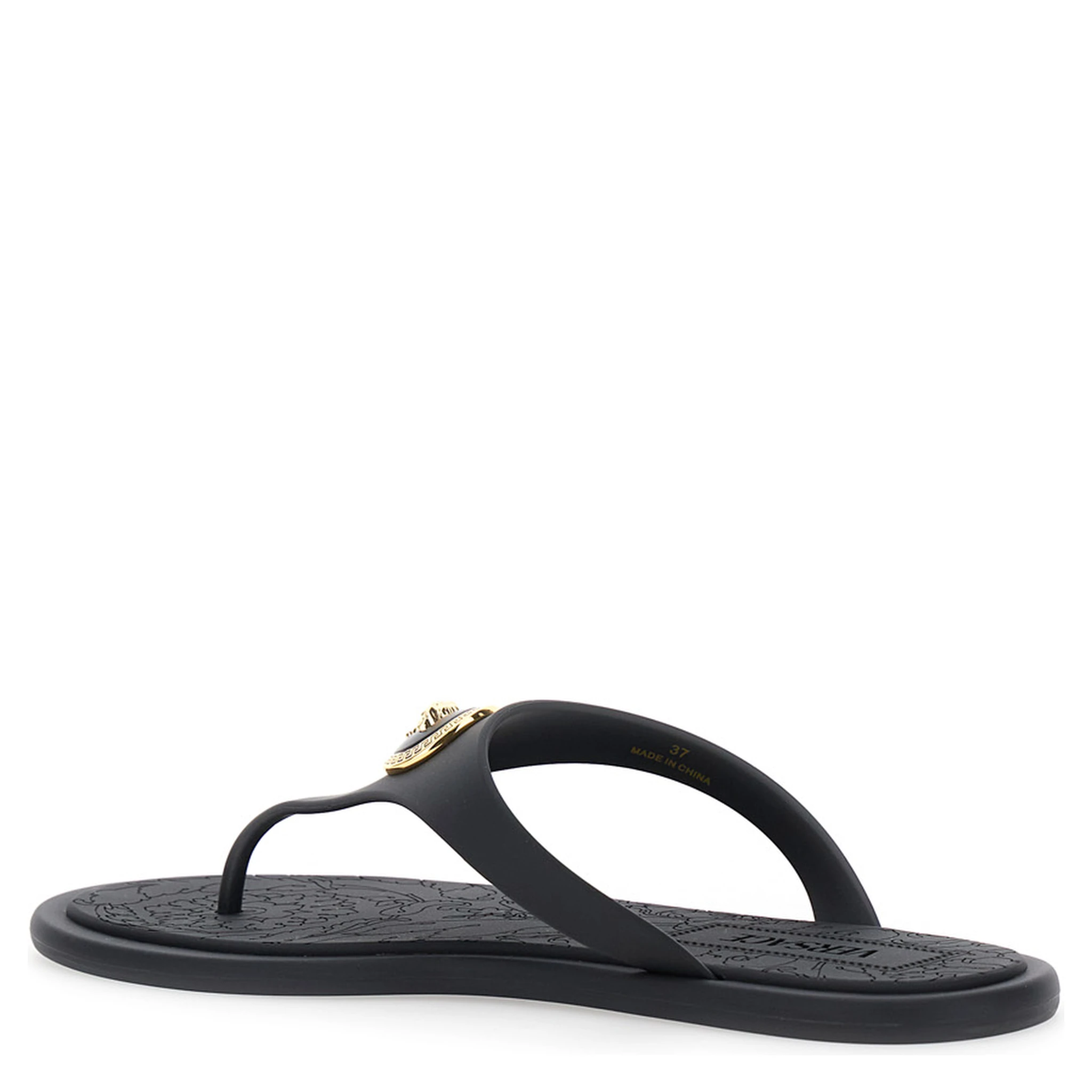 Black Slides with Medusa Detail in Rubber Woman