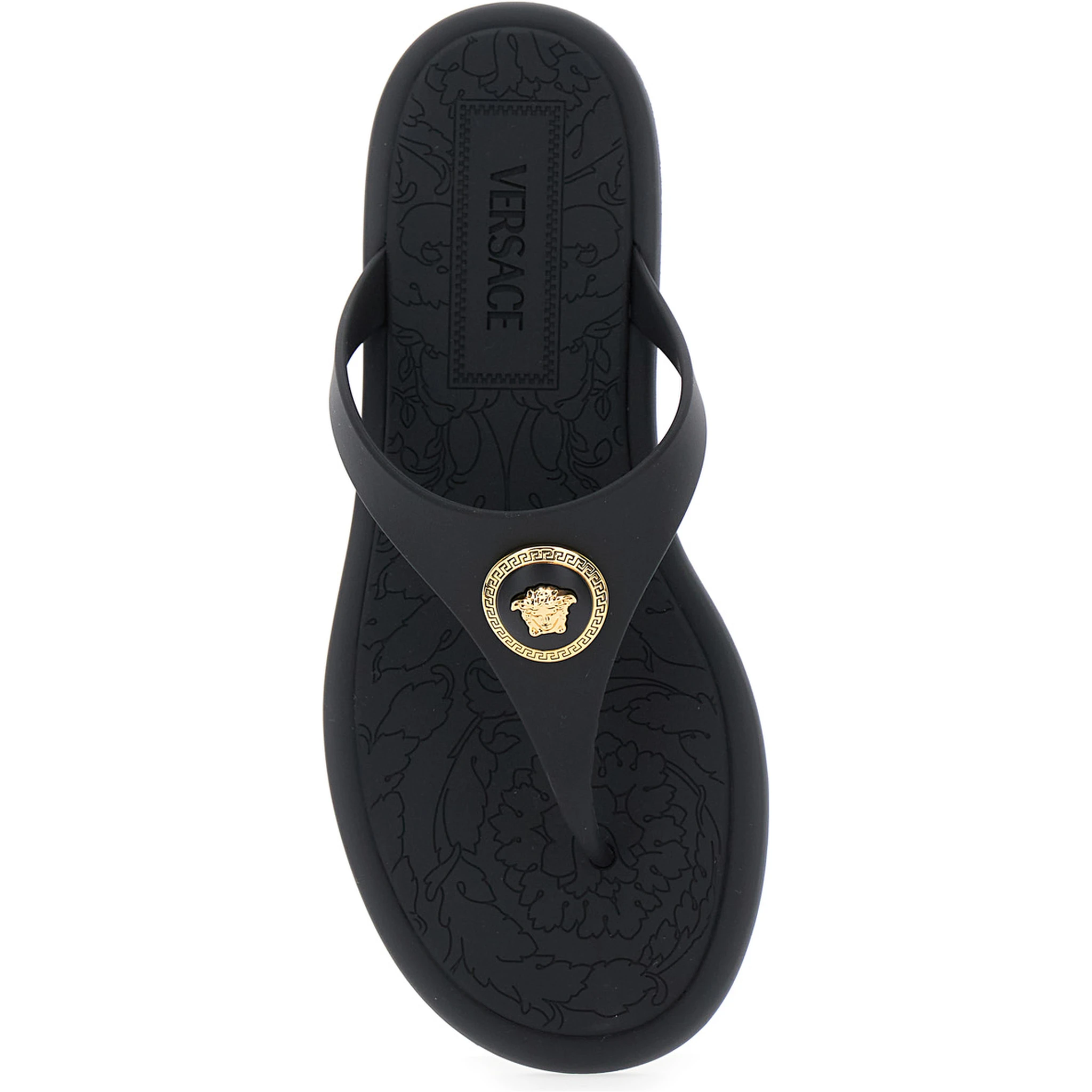 Black Slides with Medusa Detail in Rubber Woman