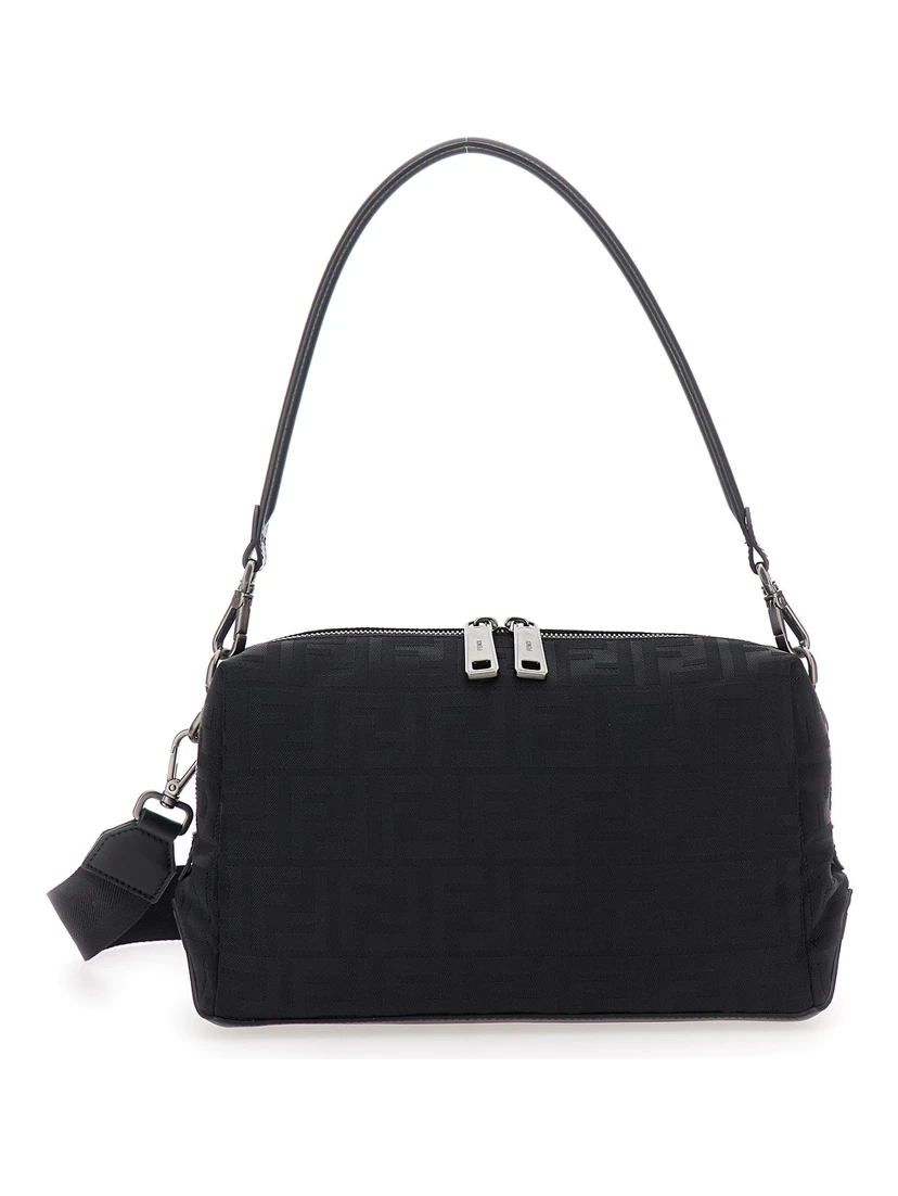 Lui Medium Black Shoulder Bag with All-Over FF Motif in Tech Fabric Woman