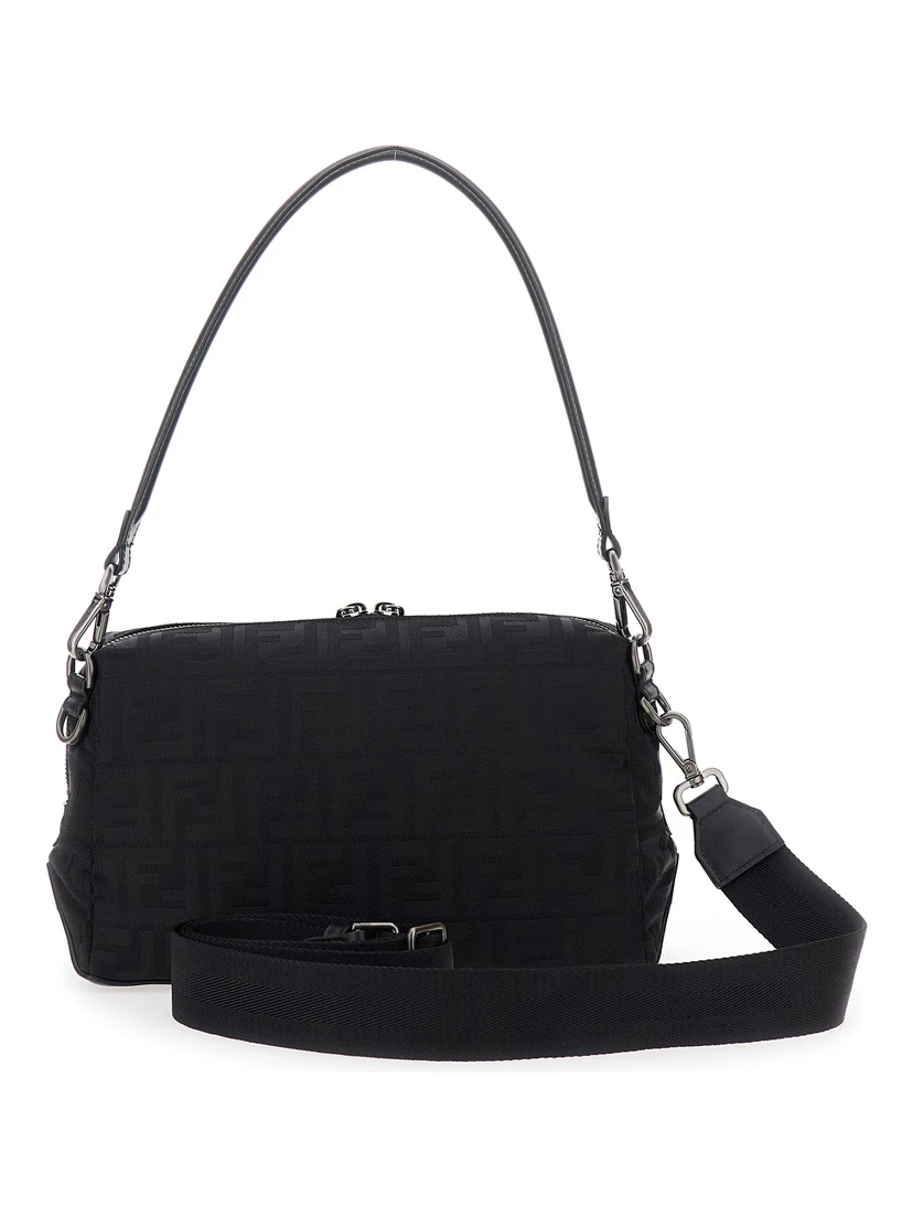 Lui Medium Black Shoulder Bag with All-Over FF Motif in Tech Fabric Woman