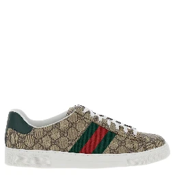Gucci Ace Beige and Ebony Low Top Sneakers with Web Detail in GG Supreme Canvas Man