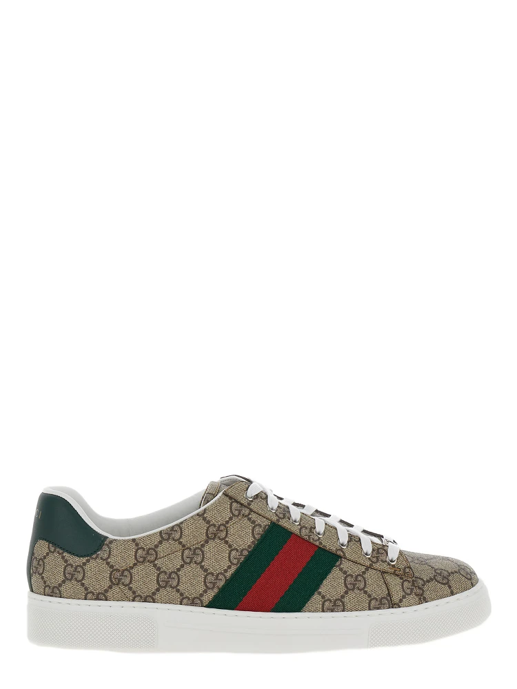 Gucci Ace Beige and Ebony Low Top Sneakers with Web Detail in GG Supreme Canvas Man