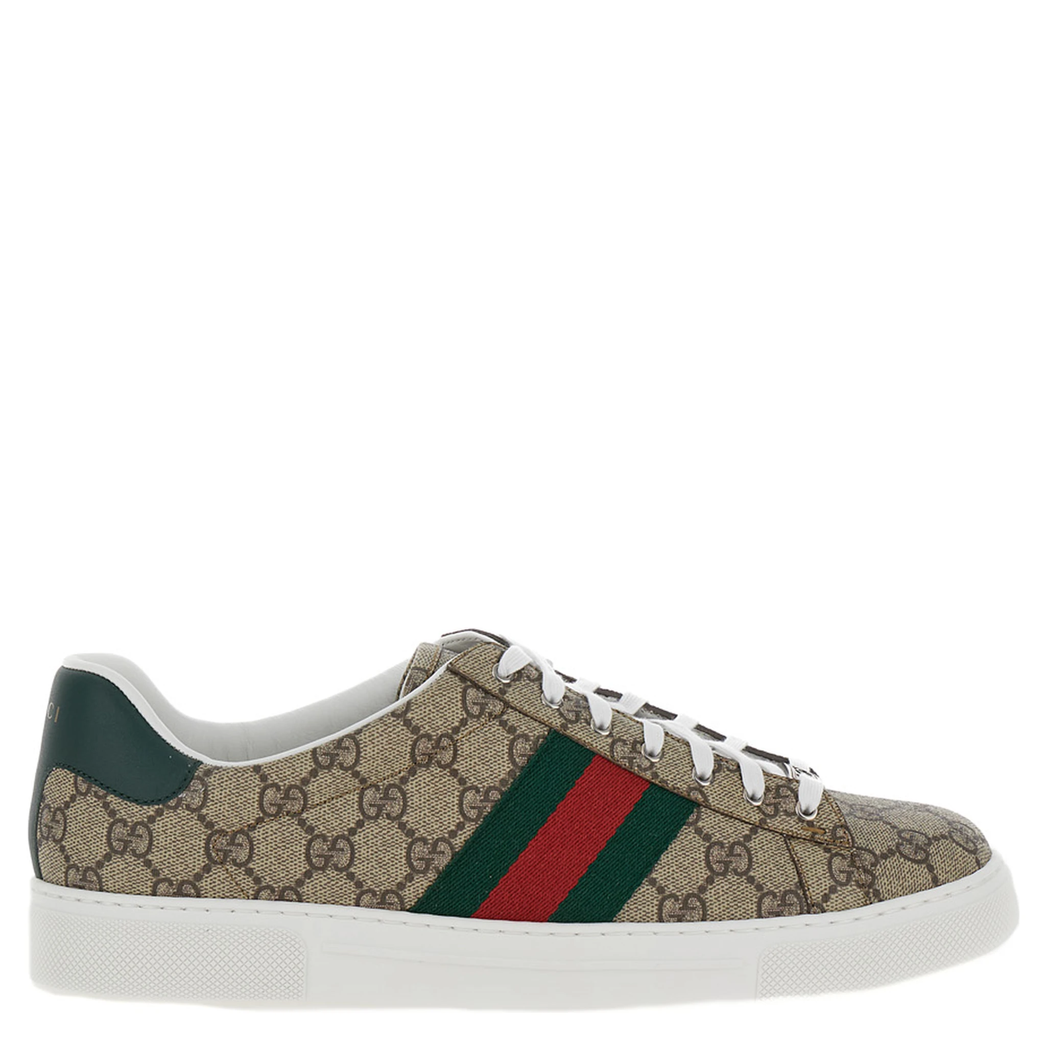Gucci Ace Beige and Ebony Low Top Sneakers with Web Detail in GG Supreme Canvas Man