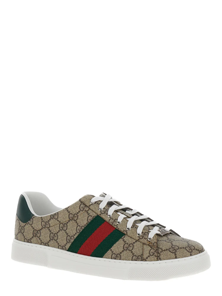 Gucci Ace Beige and Ebony Low Top Sneakers with Web Detail in GG Supreme Canvas Man alternative
