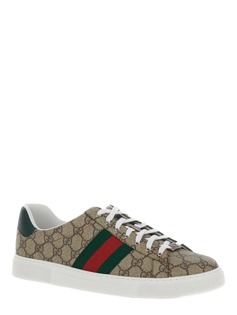 Gucci Ace Beige and Ebony Low Top Sneakers with Web Detail in GG Supreme Canvas Man