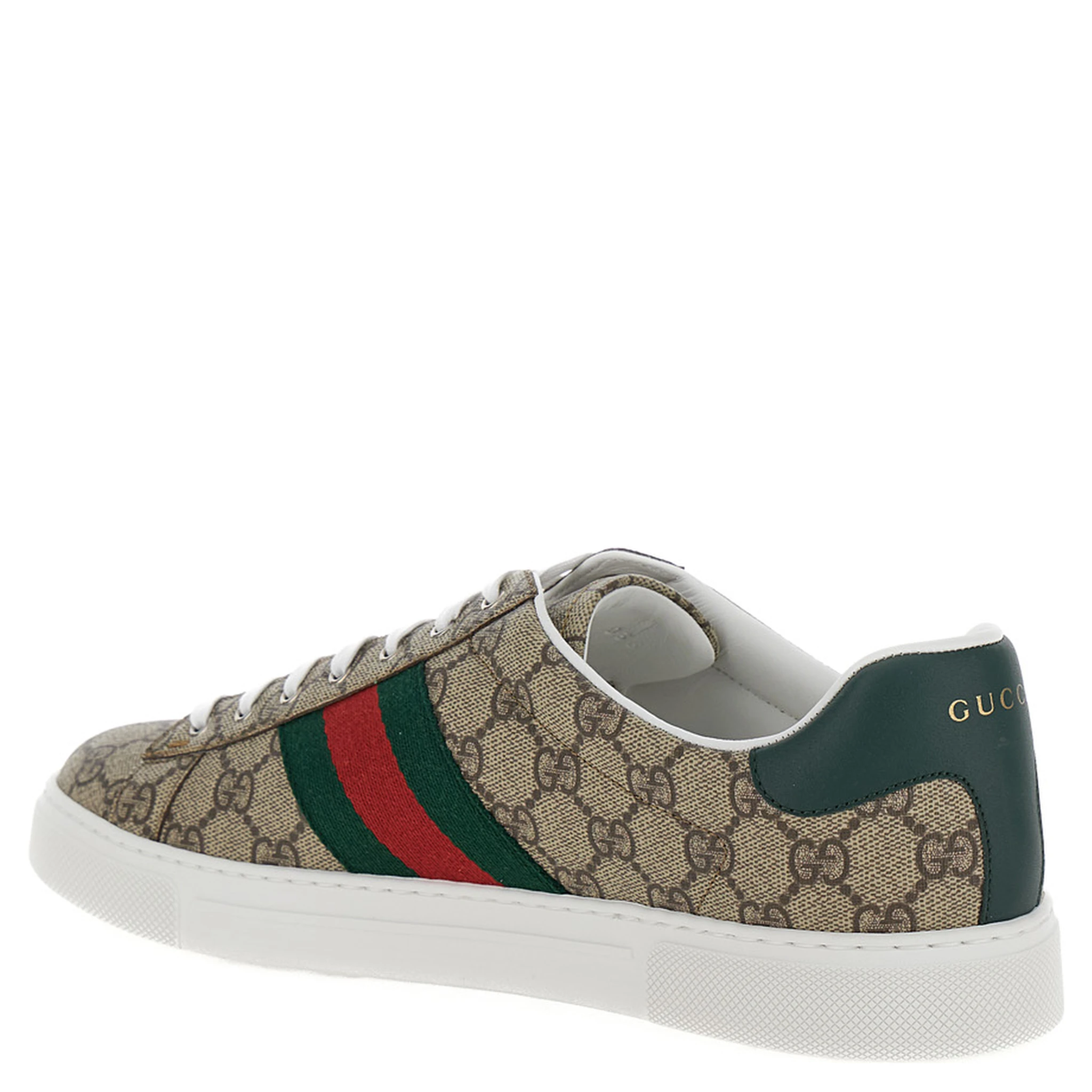Gucci Ace Beige and Ebony Low Top Sneakers with Web Detail in GG Supreme Canvas Man