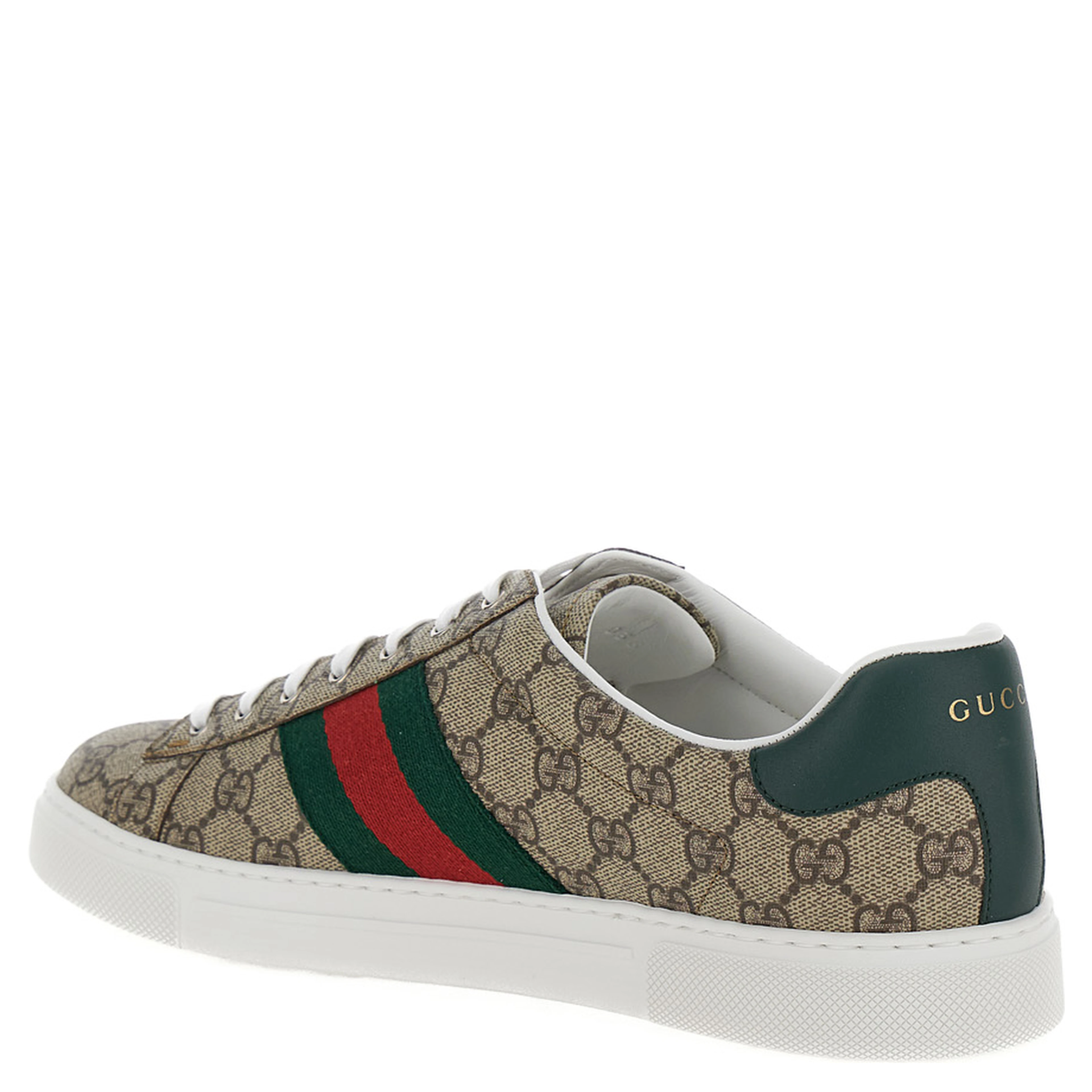 Gucci Ace Beige and Ebony Low Top Sneakers with Web Detail in GG Supreme Canvas Man