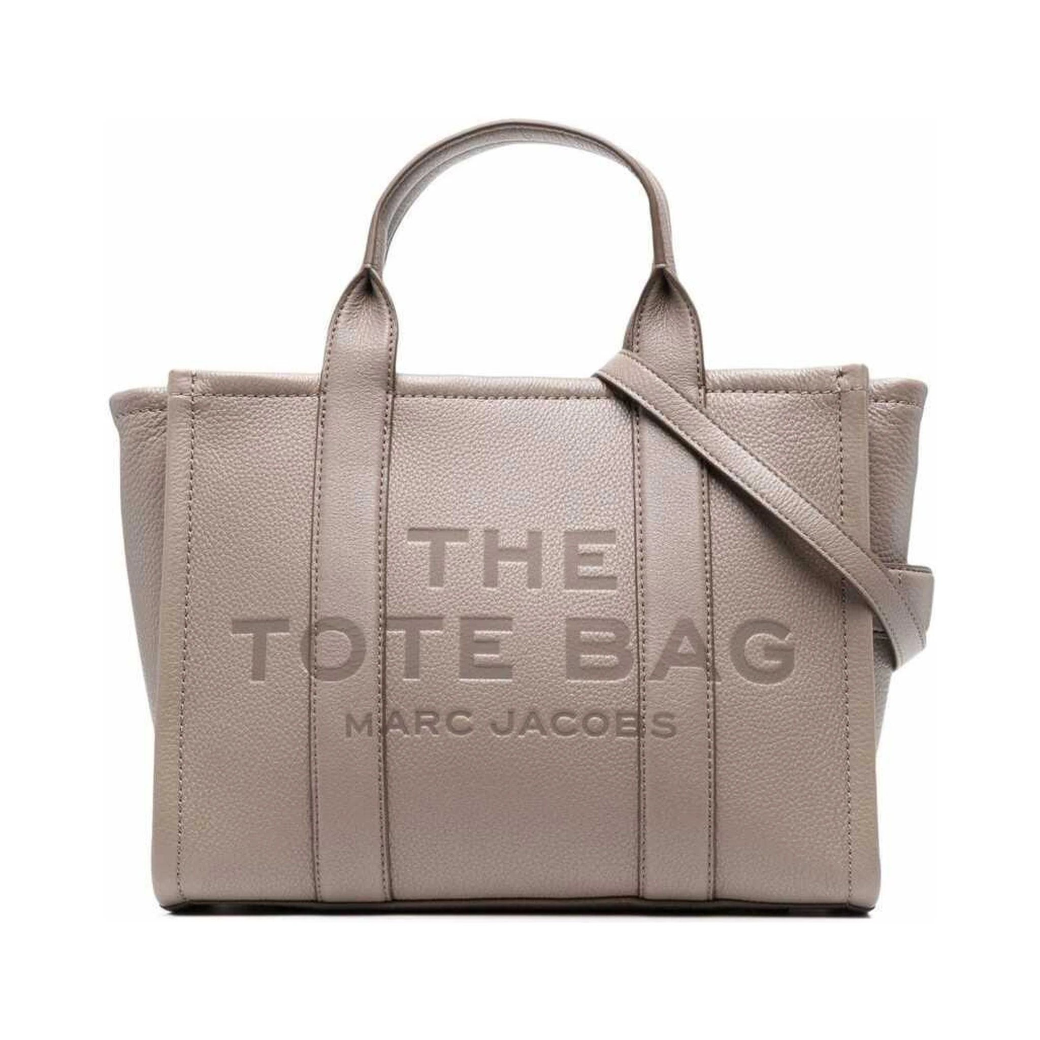 حقيبة يد متوسطة الحجم رمادية اللون، حقيبة كتف مزينة بشعار مارك جاكوبس، مصنوعة من الجلد المحبب، للنساء