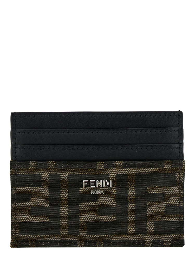 Brown Card-Holder with Metal Lettering in Leather and FF Canvas Man