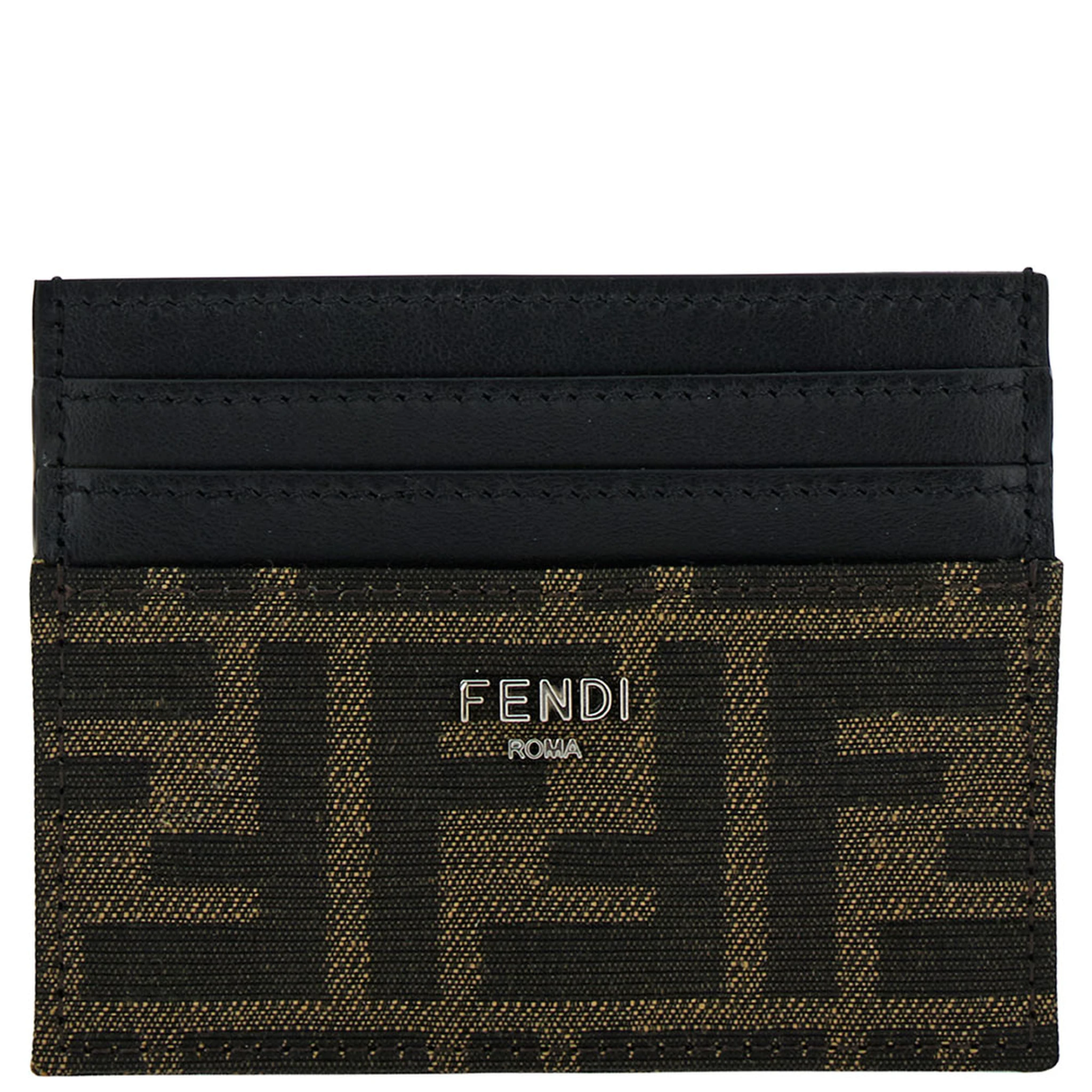 Brown Card-Holder with Metal Lettering in Leather and FF Canvas Man