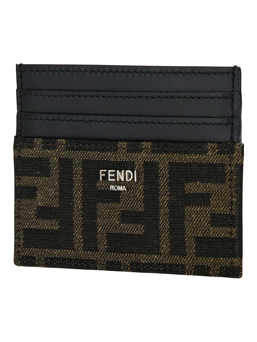 Brown Card-Holder with Metal Lettering in Leather and FF Canvas Man