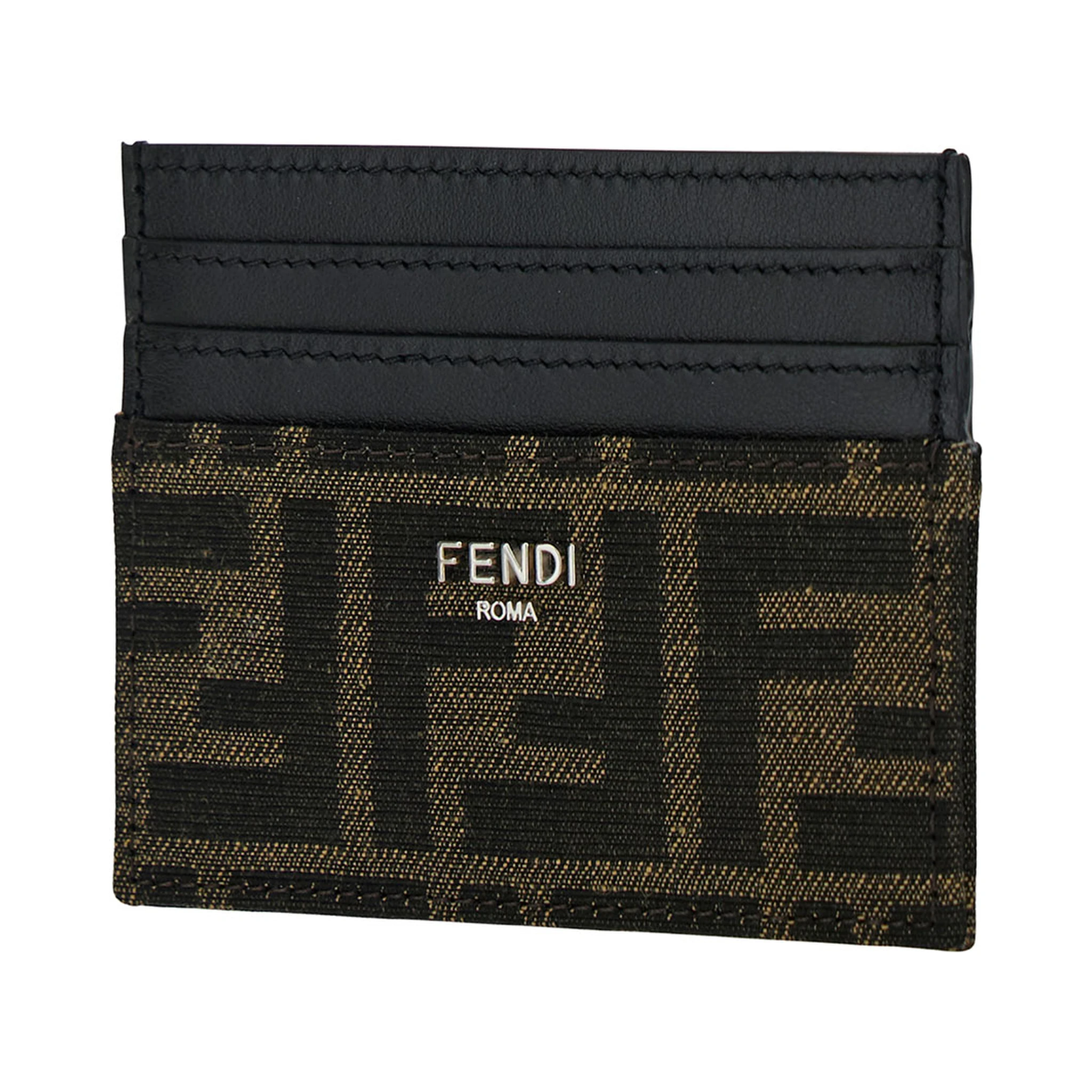 Brown Card-Holder with Metal Lettering in Leather and FF Canvas Man