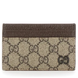 Beige Card Holder with Leather Finishes and All-Over GG Motif in Fabric Man