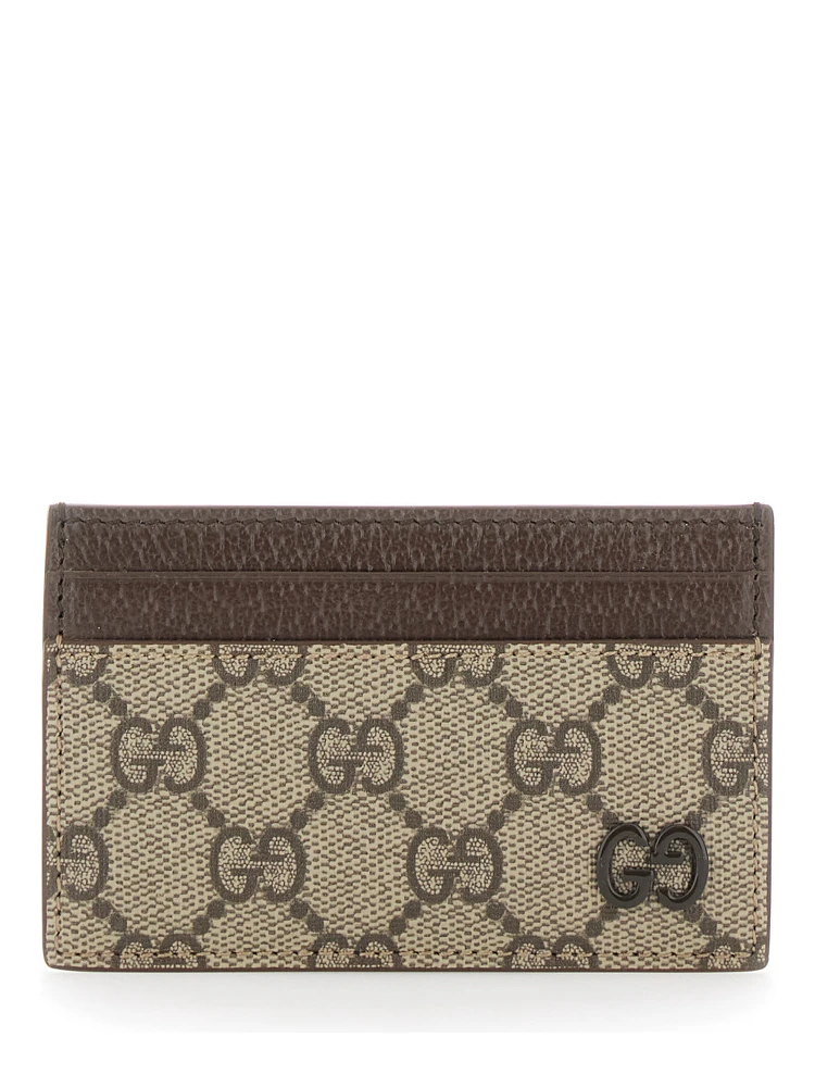 Beige Card Holder with Leather Finishes and All-Over GG Motif in Fabric Man