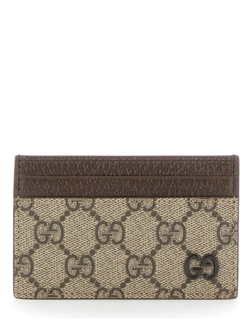 Beige Card Holder with Leather Finishes and All-Over GG Motif in Fabric Man