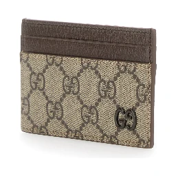 Beige Card Holder with Leather Finishes and All-Over GG Motif in Fabric Man