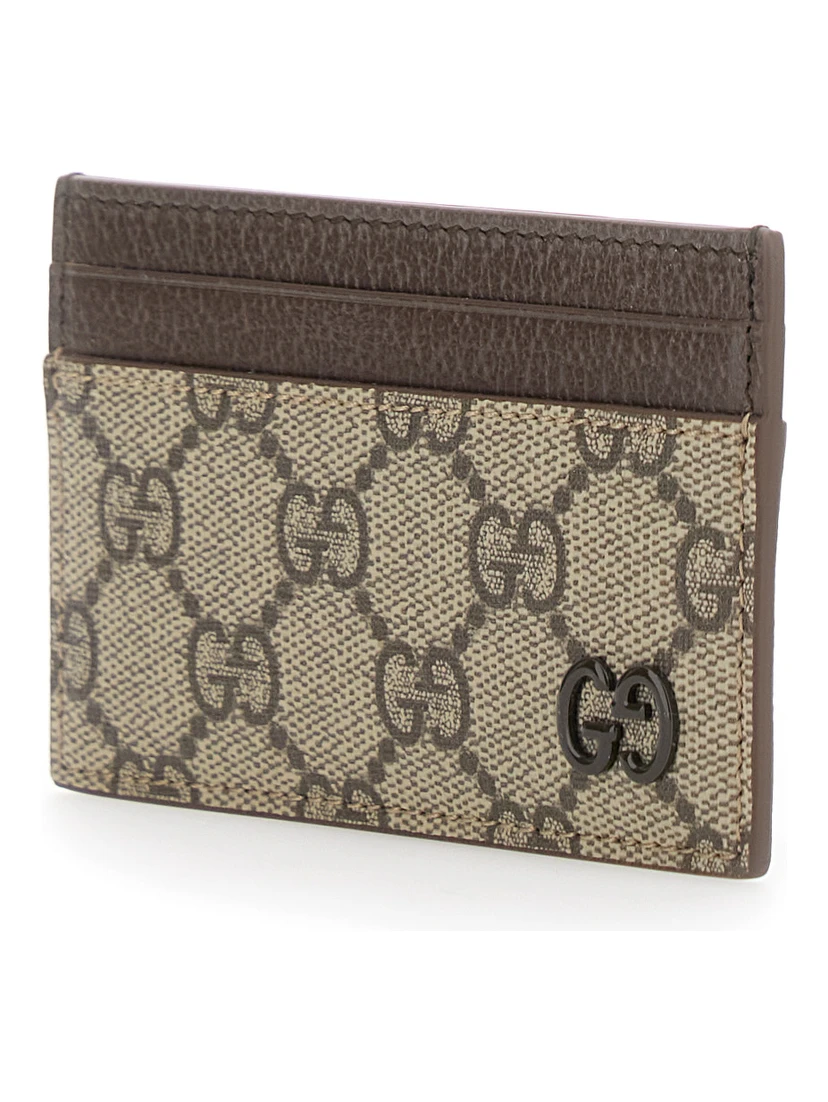 Beige Card Holder with Leather Finishes and All-Over GG Motif in Fabric Man