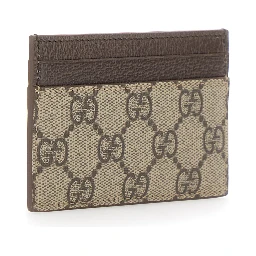 Beige Card Holder with Leather Finishes and All-Over GG Motif in Fabric Man