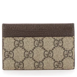 Beige Card Holder with Leather Finishes and All-Over GG Motif in Fabric Man