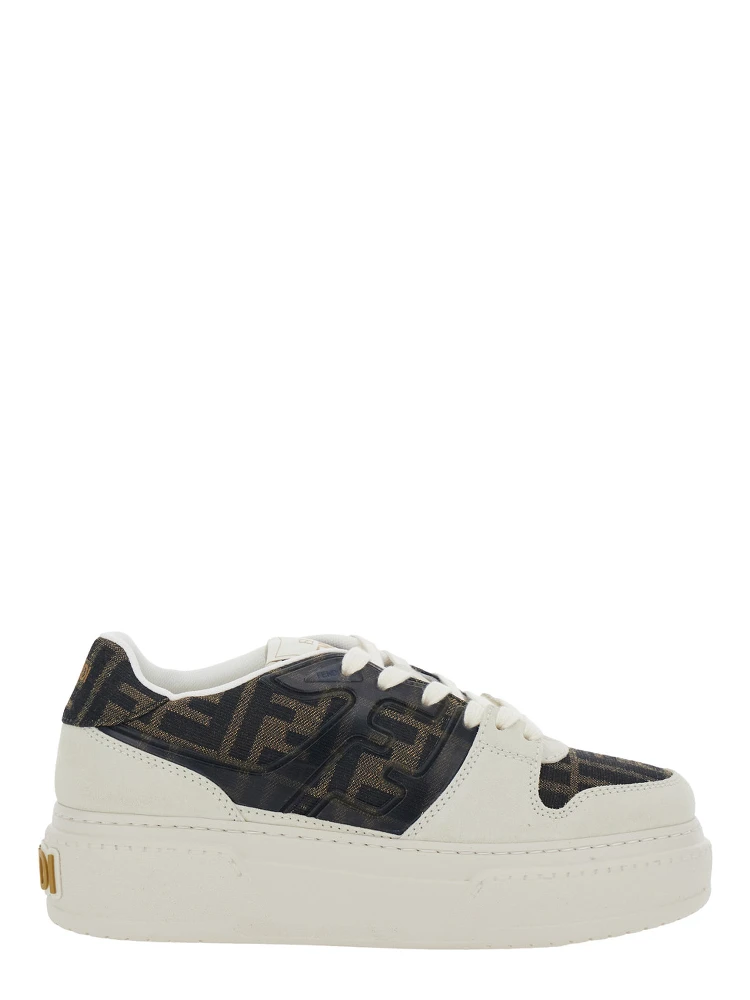 Fendi Match Brown Sneaker with FF Application and Platform in Leather and Canvas Woman