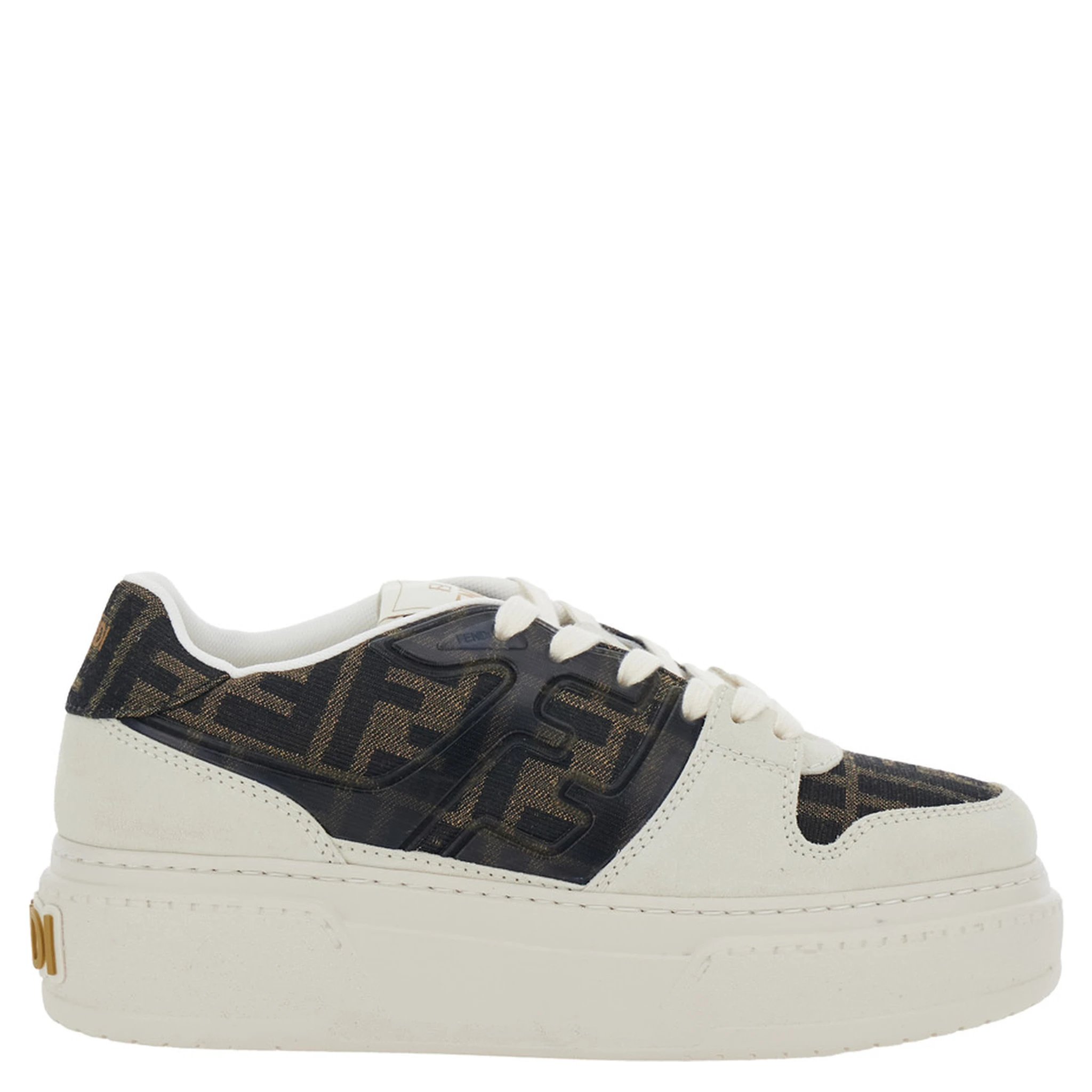 Fendi Match Brown Sneaker with FF Application and Platform in Leather and Canvas Woman