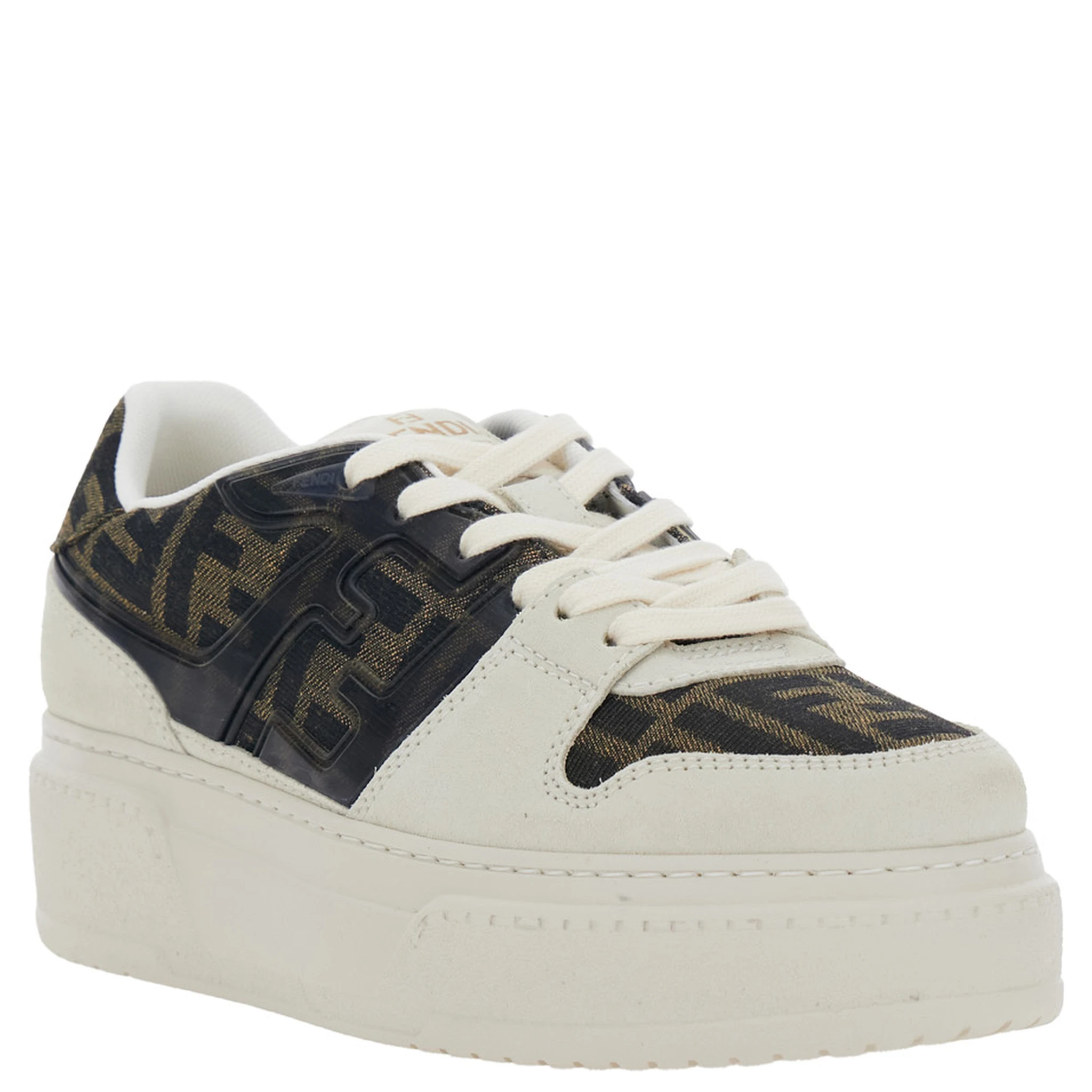 Fendi Match Brown Sneaker with FF Application and Platform in Leather and Canvas Woman