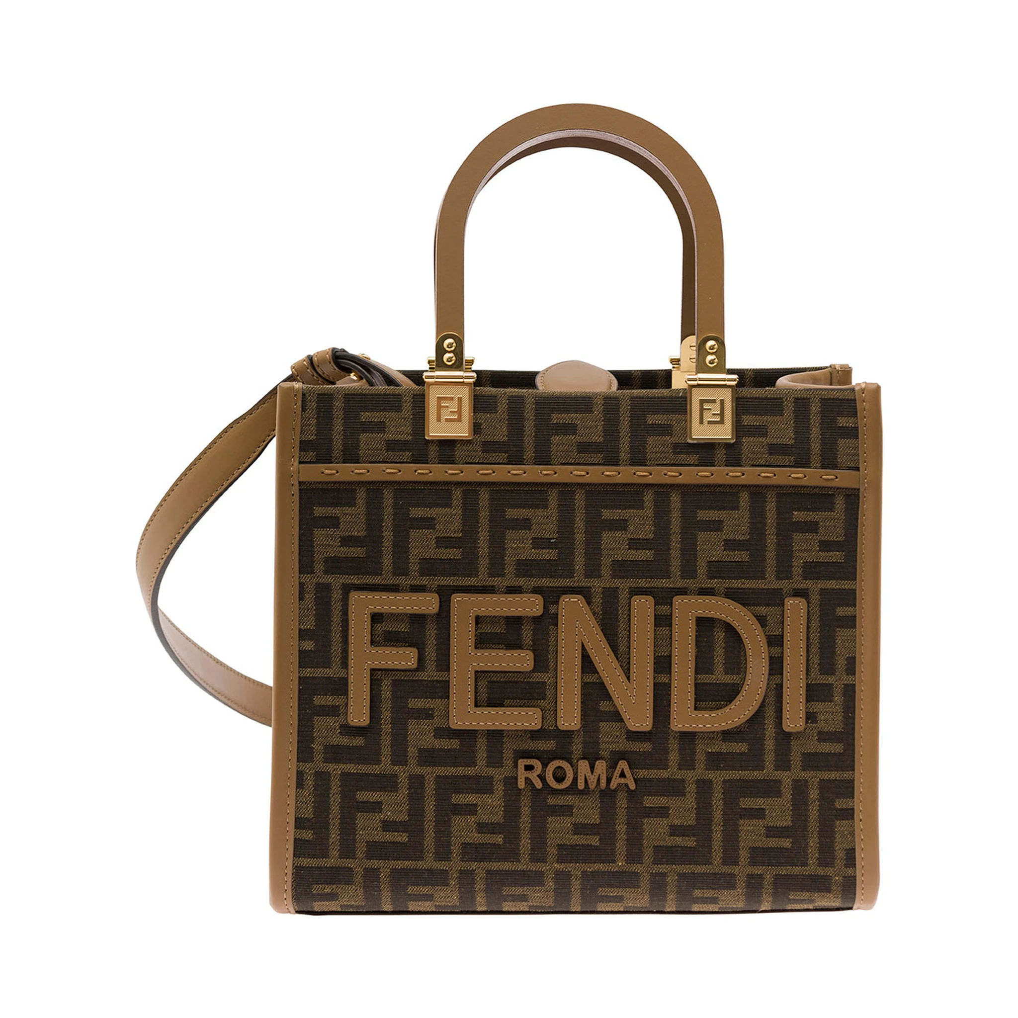 Sunshine Small Brown Tote Bag with Logo in FF Jacquard Canvas and Leather Woman