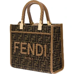 Sunshine Small Brown Tote Bag with Logo in FF Jacquard Canvas and Leather Woman