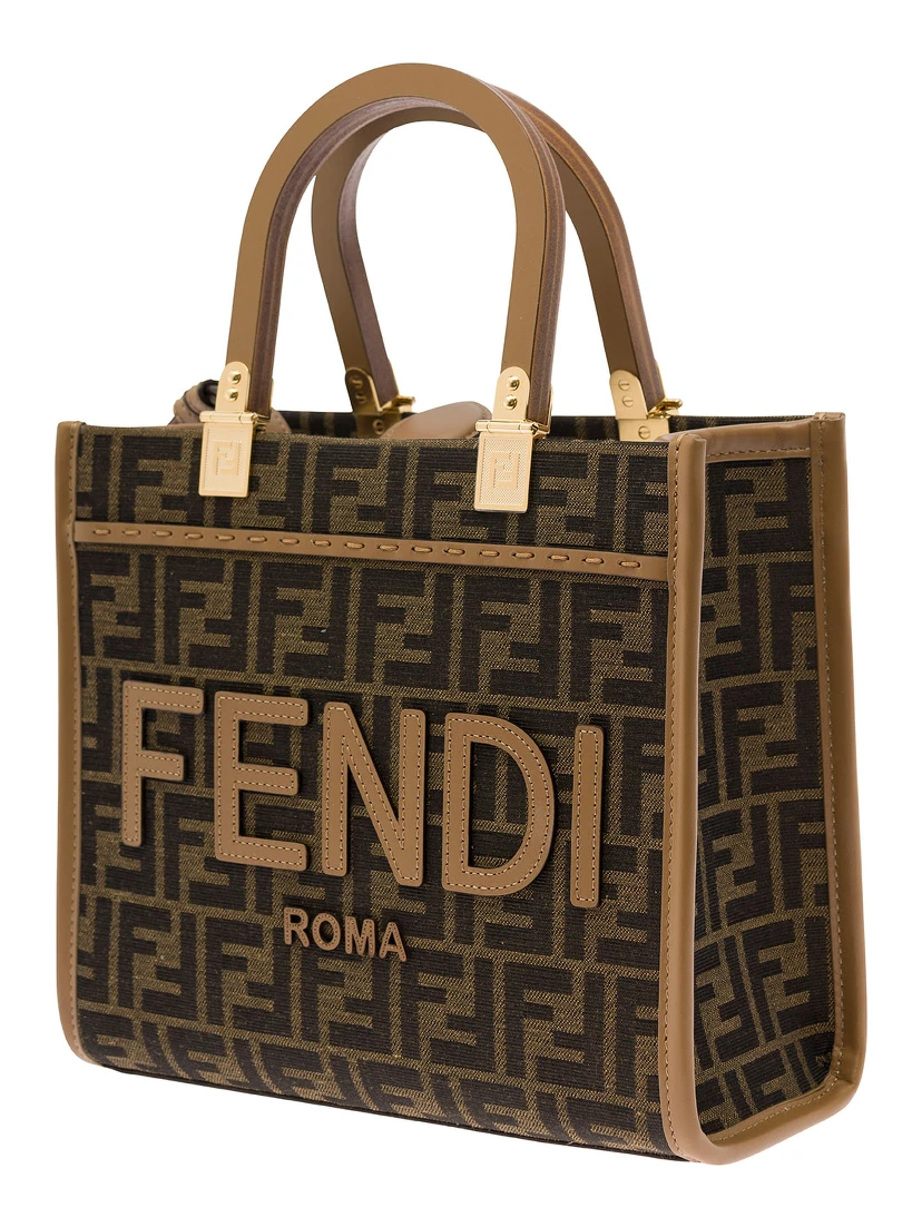 Sunshine Small Brown Tote Bag with Logo in FF Jacquard Canvas and Leather Woman